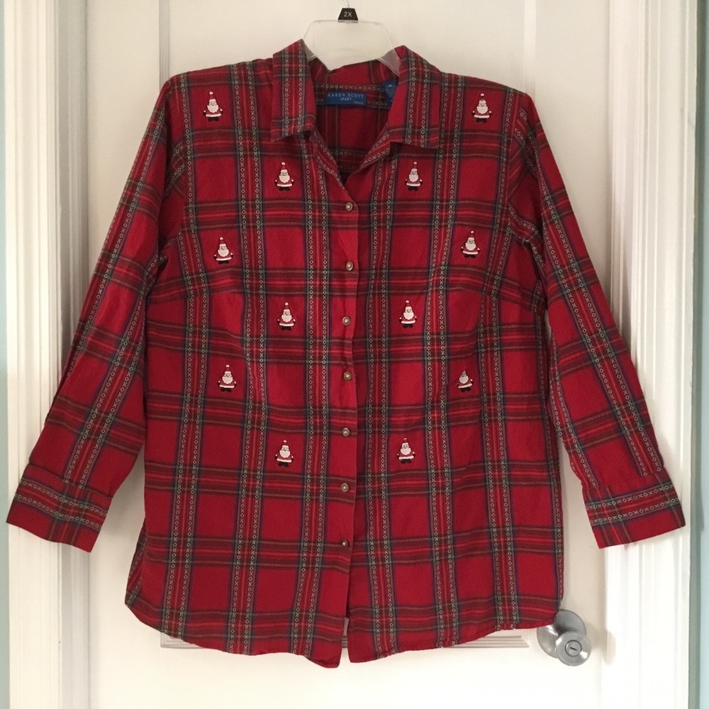 Karen Scott Red Long Sleeve Button Down Christmas Santa Embroidered Top  Size 2X